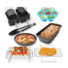 Baking Moulds Kitchen Grill Air Fryer Accessories Set Fit for Most 5.8Qt and Larger Oven Cake Pizza Pan Metal Holder Skewer Rack Barbecue Rack 231018