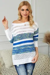 Women's Sweaters Blue/Purple/Brown Loose Openwork Round Neck Sweater Women Fashion Casual Colorful Striped Comfy Pullover S-2XL