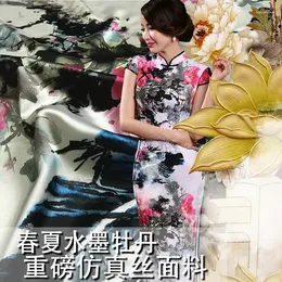 Tessuto per abiti 150 cm Pesante elasticizzato Alta imitazione di seta Cheongsam Peonia Abito con stampa digitale Kimono Panno all'ingrosso