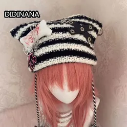 Berets Y2K Girl subcultura streetwear Original estilo perene listrado chifre boné bonito esqueleto gótico punk chapéu de malha chapéu de bola de cabelo 231018