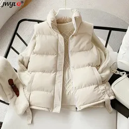 Kamizelki damskie kamizelki stałych kolorów kamizelki kobiety Zima zagęszcza bawełniana chaquetas koreańskie duże 5xl rękawów ciepłe noszenie śniegu kurtki 231018