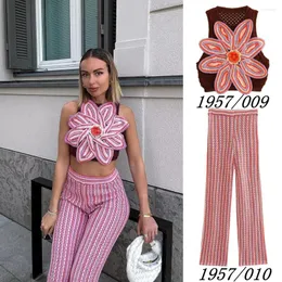 Zweiteilige Damenhose UNIZERA Sommerkleidung Blumendekoration Häkeln kurzes Oberteil Hohlstrickhose Zweiteiliges Set 1957009