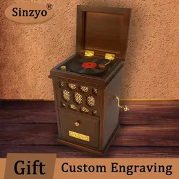 Decorative Objects Figurines Sinzyo Handmade Wooden Vertical Virtual Record Player Music Box Creative Ornament Birthday Gift For Christmas/Valentine's Day 231019