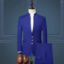 Men's Suits JELTOIN Custom Made Royal Blue Stand Collar Fashion Design Gold Button Tuxedos For Men Groom Suit Wedding Party