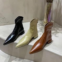 Stivali 2023 Nuove Donne della Primavera Punta a punta Della Caviglia Delle Signore di Modo Zip Scarpe Femminili Tacco Basso Pompe in Pelle Verniciata Breve 231019