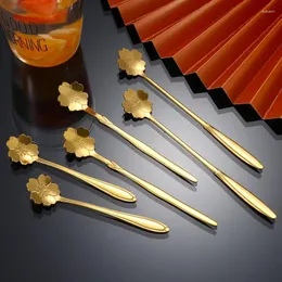 TEA SCOOPS KAFFE Mixing Spoon Gold Long Handle Dessert Rostfritt stål Vintage Teskedar Dricker Bordsartiklar Blommor Design