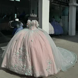 Rosa glänsande quinceanera klänningar bollklänning för söta flickor 3dflowers applikation vestidos de xv 15 anos pärlor födelsedag prom klänning