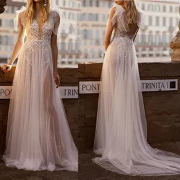 Abito da diserbo floreale con glitter Boho Scollo a V profondo Spacco laterale A-Line Applicazioni in pizzo Abiti da sposa da spiaggia 328 328