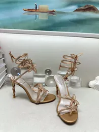 デザイナーのRene Caovilla High Heel Sandalsファッションラインストーン装飾贅沢なかかと女性サテンヘビ包まれた蝶の花を開けますつま先の結婚式の靴36-42