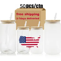 US CA Warehouse 16oz Custom Soda Glassware Iced Glass Coffee Cup Drink Tumbler Mug Dinking Glasses Beer Can Glass with Lid Straw GG1019