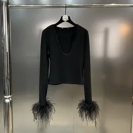 Women's T Shirts PREPOMP 2023 Autumn Collection V Neck Faux Fur Feathers Sleeve Cuff Black Shirt Women GL795