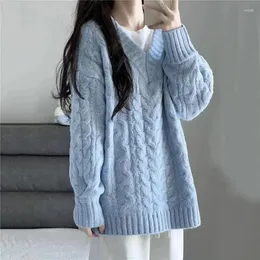 Women's Hoodies 2023 Autumn Fashion Retro Blue V-neck Pullover Sweater Women'loose Knitted Top Boutique Clothing Simple Style