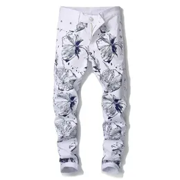 Pantalones vaqueros para hombre Pantalones vaqueros blancos elásticos con estampado de moda para hombre Men211l