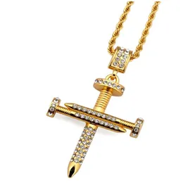 Nail Cross Necklace Pendants Gold color Bling Bling Jewelry for Men Women Hip Hop Charm Rope Chains2802