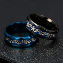 Ganze Schwarz Blau Ring Männer Chinesischen Traditionellen Gold Drachen Inlay Mit Blauen Edelstahl Ringe Mode Schmuck3174