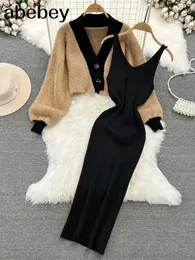 Vestido de duas peças de malha feminina conjuntos soltos mangas compridas curto cardigan camisola sólida elástica estilo francês casual conjunto roupas 231018