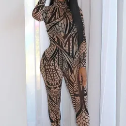 Women's Jumpsuits & Rompers Women Sexy Mesh Sheer Bodycon Long Sleeve Geometric Printed Casual One Piece 2021 Club Clothing285G