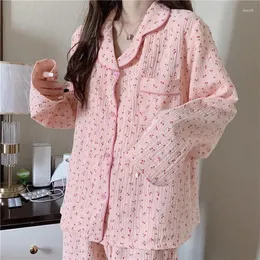 Vêtements de nuit pour femmes Cherry Print Femmes Pyjama Costume Mode Dentelle Automne Ensembles à manches longues pour 2 pièces Pantalon Piiama de poche coréenne 2023