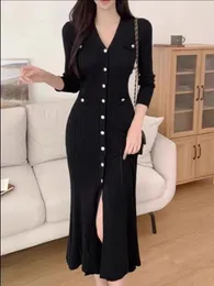 Vintage Kore Maxi Elbiseler Kadınlar için Parti Uzun Kol V Yez Denizkızı Elbise Zarif Moda Bayanlar Vestidos Femme Sonbahar 2023