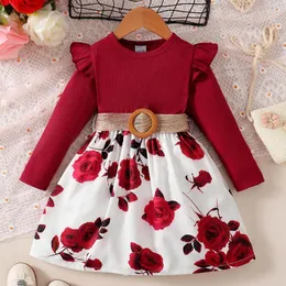 Vestidos da menina 2 3 4 5 6y crianças meninas outono inverno manga longa vermelho com nervuras com cinto estampas florais vestido de natal roupas infantis