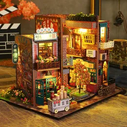 Doll House Accessories Diy Wood Book Nook Shelf Insert Kit Chinese Street View Bookends Miniature Building Kits Bookhelf Doll Houses Friends Gifts 231018