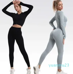 Lu Lu Yoga Macacão Conjunto Bodysuit Roupas de Ginástica Peças Activewear Sem Costuras Manga Longa Crop Top Camisa Cintura Alta Push Up Leggings Conjuntos Feminino Lememm