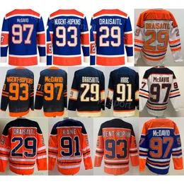 Man Heritage Classic Hokey 97 Connor McDavid Formaları Ters Retro 29 Leon Draisaitl 93 Ryan Nugent-Hopkins 91 EVANDER Kane Tüm Dikiş Donanma Mavi Turuncu Beyaz