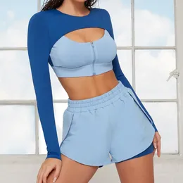 Aktiva uppsättningar 2 datorer Yoga Set Sexiga spårdräkter Långärmning Cut Out Corset Top med blixtlås med hög midja Shorts Tight outfit sportkläder