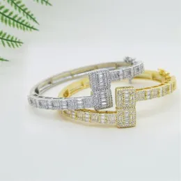 Bracciale geometrico CZ Cluster aperto quadrato zircone cubico Baguette ghiacciato braccialetto bling moda di lusso gioielli donna nave di gocciaBang300V