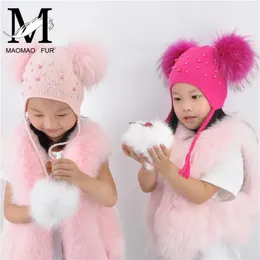 CAPS HATS Kids Varma vintermössor Dubbelpäls Pom Beanie Wool Sticked Hat For Baby Boys Girls Real Raccoon Fur Balls Beanie Cap Bonnet 231019