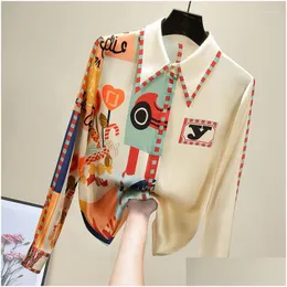 Damesblouses Elegante Print Zijden Blouse Dames Koreaans shirt met lange mouwen Modis Tops 2023 Aankomst Drop Delivery