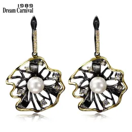 DreamCarnival 1989 Lotus Flower Earrings Hollow Created Pearl CZ Black Gold Color Hip Hop Pendientes tipo gota Parties Jewelries 2254p
