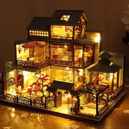 Akcesoria dla lalek Duże Doll Doll House zabawki japońska architektura Dom Dolna Model Spring House w stylu japoński symulowana zabawka willa z lampą 231018