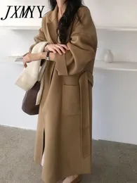 Женское шерстяное пальто JXMYY, корейское шикарное модное элегантное темпераментное осенне-зимнее свободное пальто со средней длиной талии и шнурком 231018
