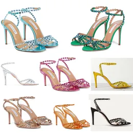 Роскошные летние брендовые женские сандалии с текилой, туфли Aquazzuras, женские туфли-лодочки на высоком каблуке, украшенное кристаллами платье, свадебные сандалии-гладиаторы