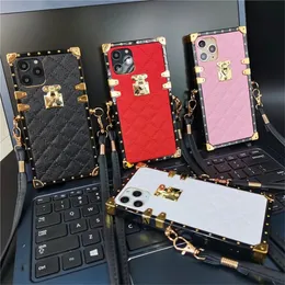 Luxury Design Plaid Lambskin PU Leather Square Cover Lanyard Cases For iPhone 15 14 Pro Max 11 12 13 PRO MAX X XS XR 14Plus Samsung Galaxy S23 S22 S21 Ultra Note 20 10 Case
