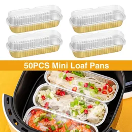 Baking Moulds 50pcs Mini Loaf Baking Pan Rectangle Cupcake 6.8oz 200ml Muffin Flans Disposable Aluminum Foil Cheesecake With Lids Brownie 231018