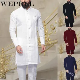 WEPBEL Muslimische Mode Herren-Kaftan-Roben, Vintage-Langarm-Leinen-Knopfhemd, islamische Abaya-Kleidung für Herren, Übergröße, S-5X315F