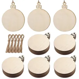 Christmas Decorations 50pcs Wood Craft Pendants Ball Designed Hanging Tags Unfinished Blank Wooden Ornaments with Hemp Rope 231018