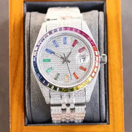 자동 Montres Mouvement 다이아몬드 시계 상자 시계가있는 골드 시계 41mm 스테인레스 스틸 레인보우 서클 베젤 발광 실버 모이 사니트 시계 Montre de Luxe