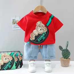 Conjuntos de roupas Novo Terno de Verão para Meninos Dos Desenhos Animados O-pescoço T-shirts Tops e Shorts Jeans Duas Peças Roupas Infantis Crianças Boutique Roupas Fatos 231019