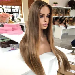 Peruvian Hair Light Brown Blonde Full Lace Front Human Hair Wigs Highlight HD Lace Frontal Wigs 180% Cheap Virgin Hair Silky Straight Wigs for Women