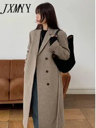 Mulheres misturas de lã inverno moda elegante temperamento sarja versão coreana olho inclinado fivela errada médio longo casaco de lã para mulheres 231018