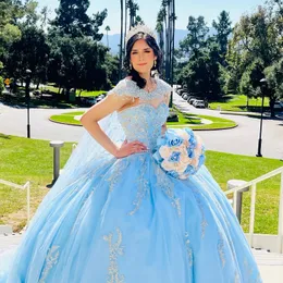 Sky Blue Sweetheart quinceanera sukienki z ramionami kulki koraliki z kaliblem z Cape vestidos de 15 anos sweet 16