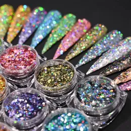 Akrylpulver vätskor 12 burkar holografiska laser glitter blandad paljett iriserande skivflingor metallisk glänsande paillett nagelkonst krom glitter 231019