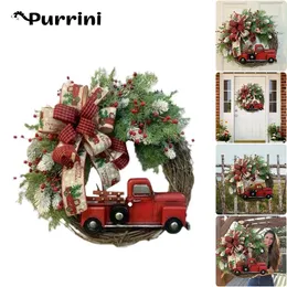 Decorative Flowers Wreaths 35cm Red Car Christmas Wreath Autumn Halloween Decoration Bow Door Pendant Holiday Party Rattan Circle Fabric Garlands 231019