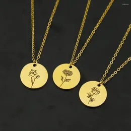 Pendant Necklaces Carved Birth Flower Necklace For Women Stainless Steel Round Month Floral Mothers Day Boho Jewerly Gift Collar