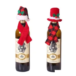 Czapki czapki/czaszki dekoracje świąteczne świąteczne dekoracje świąteczne Buffalo Plaid Mini Santa Hat and Scalf Wine Butelka er Sierware Holder Ozdoby stołu