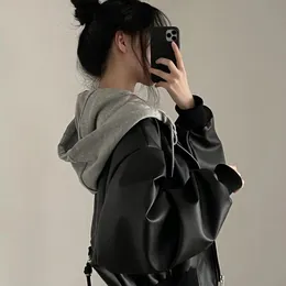 Kadın Ceketler PU Deri Kapşonlu Sonbahar Kış Kısa Fermuarı Katlar Gevşek Moda Sıcak Zarif Vintage Y2K Siyah Ceket Üstler 231018