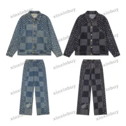 xinxinbuy erkekler tasarımcı ceket ceket denim panelli mektup jakard satranç tahtası ızgara setleri uzun kollu kadınlar beyaz siyah mavi xs-l